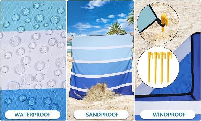 WIWIGO Beach Blanket Waterproof Sandproof Beach Mat 79" X 83"/10'x9'for 2-8 Adults Quick Drying Outdoor Picnic Mat Beach Accessories for Travel, Camping, Hiking