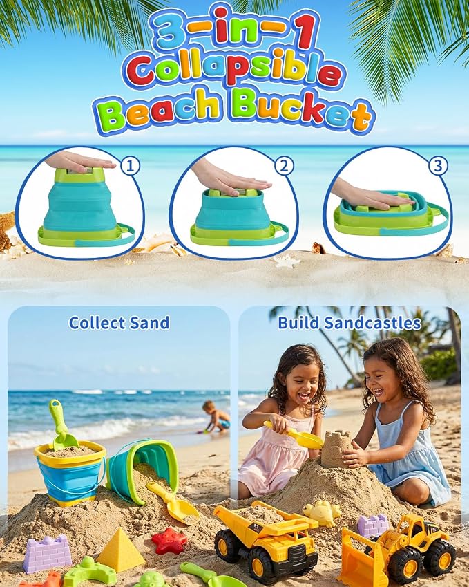 30PCS Beach Toys for Kids Ages 3-10, All-in-One Sand Toys Set with 2 Collapsible Buckets, Shovels, Trucks & Molds, Keep Kids Busy for Hours - Easy to Carry for Beach Travel Sandbox Play