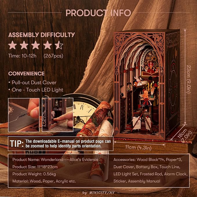 𝗠𝗶𝗻𝗶𝗖𝗶𝘁𝘆 Book Nook Kit, DIY Miniature Dollhouse Booknook Kit, 3D Wooden Puzzle Bookend Bookshelf Insert Decor with LED Light for Teens and Adults (Alice in Wonderland)
