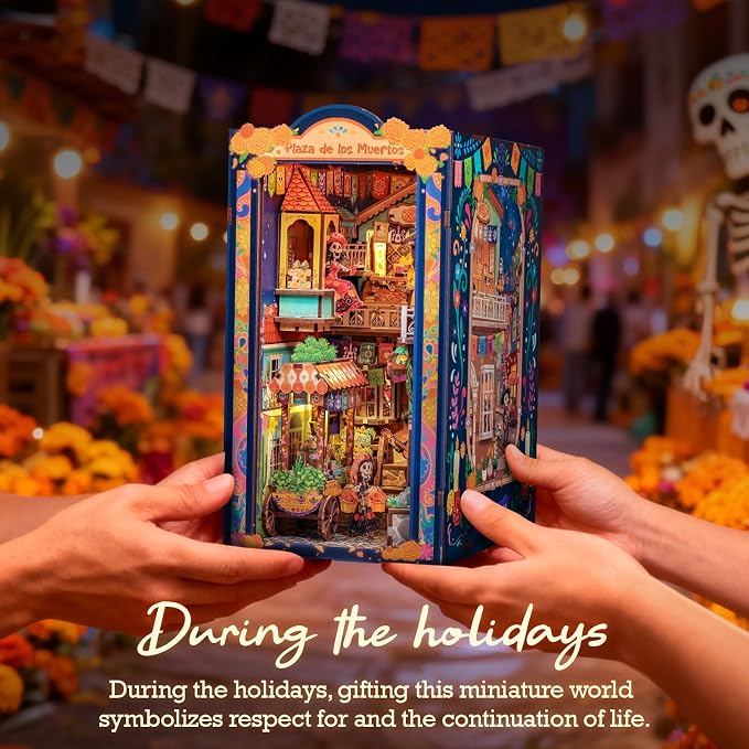 Cutefun Book Nook Kits for Adults, Mexican Art & Culture DIY Miniature House Dollhouse Bookend, 3D Wooden Puzzle with LED for Bookshelf Insert Decor, Creative Gifts for Teens (Plaza de Los Muertos)