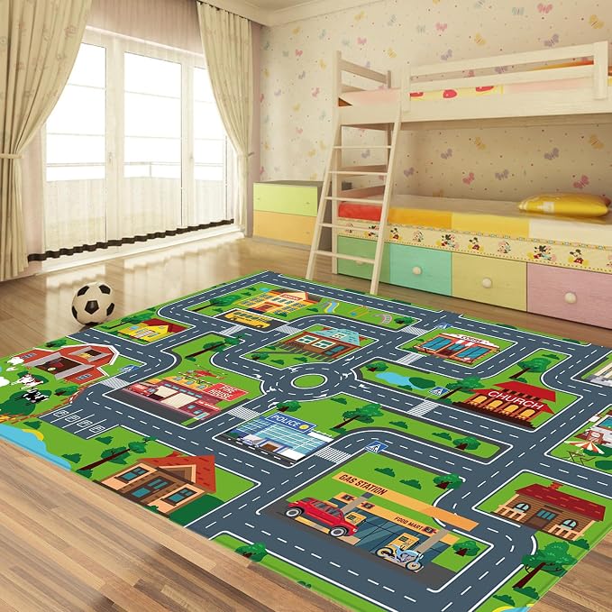 Kids Car Playmat, Kids Rug for Playroom Car Mat Town City Road Traffic Rugs, Play Mat for Floor, Extra Large Boys Kid Car Track Play Rug (Style Four, 110.2 X 78.7 INCH)