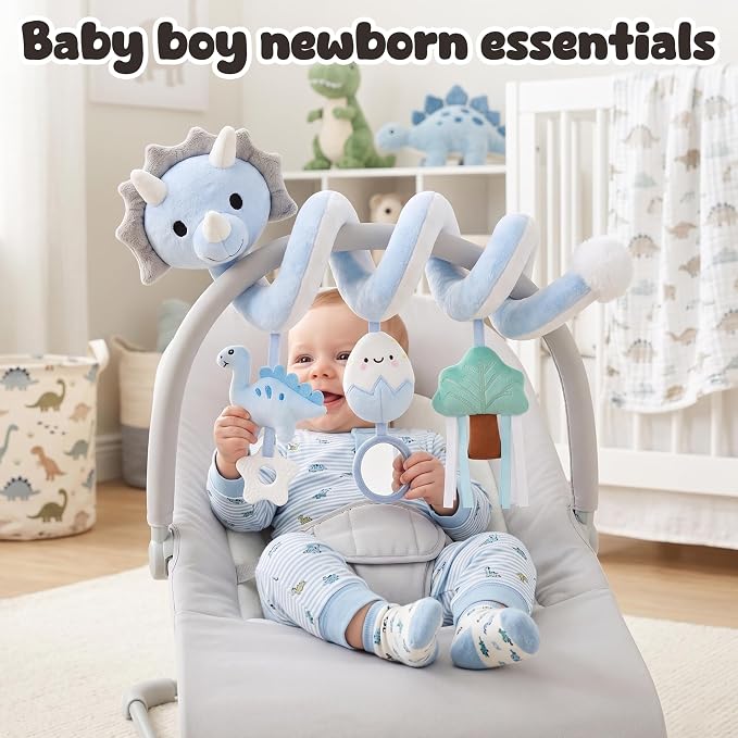 Stuffed Dinosaur Spiral Car Seat Toys Hanging for Babies 0-3 3-6 6-12 Months, Plush Infant Stroller Toy with Silicone Teether, Crinkle and Squeaker, Soft Cute Shower Gifts for Newborn Boys Girls
