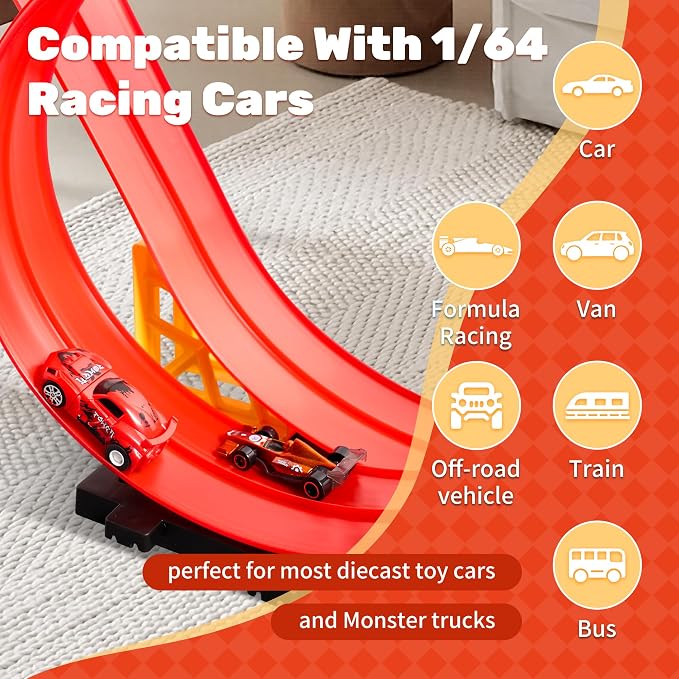 MINDNOOK 16 Ft Flexible Race Car Track Set for Kids, Portable Roll-Up Racetrack with 4 Cars & Suction Cups, Compatible with 1:64 Diecast Toy Cars, Gift for Boys & Girls Ages 3+