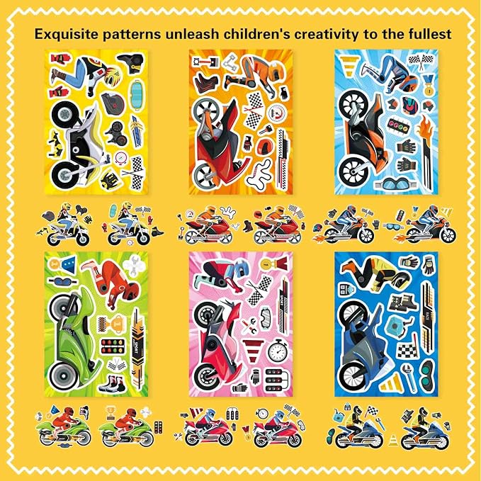 24 Sheets Motorcycle Stickers for Kids, Make a Motocross Face Sticker, Make Your Own Dirt Motobike Stickers for Kids Party Favor Birthday Party Supplies Crafts