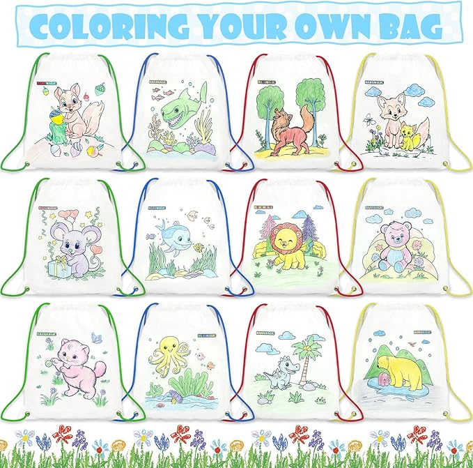 12 PCS Colorable Drawstring Backpack for kids with 12 stackable crayons (7 Colors Each), Perfect for return gifts, birthday goodie bags and art party favor bags for kids