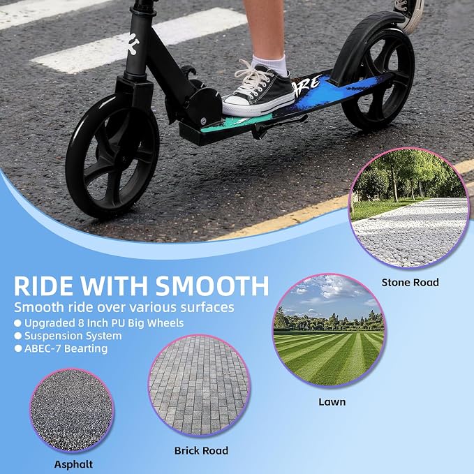 FREEDARE Kick Scooter for Kids & Adults Ages 8+, Foldable Teen Scooter with 2 Big 8-inch Wheels and 4-Level Adjustable Handlebar, Max Load 220 LBS