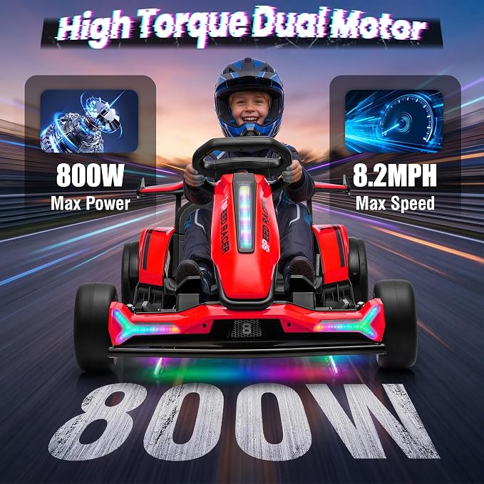 24V Electric Go Kart, Kids Drift Kart with Dual 400W Motors, Length Adjustable Seat, 8.2 MPH Max, 130LBS Max Load, Outdoor Ride on Toy Crazy Kart w/Bluetooth Music, Rainbow Light