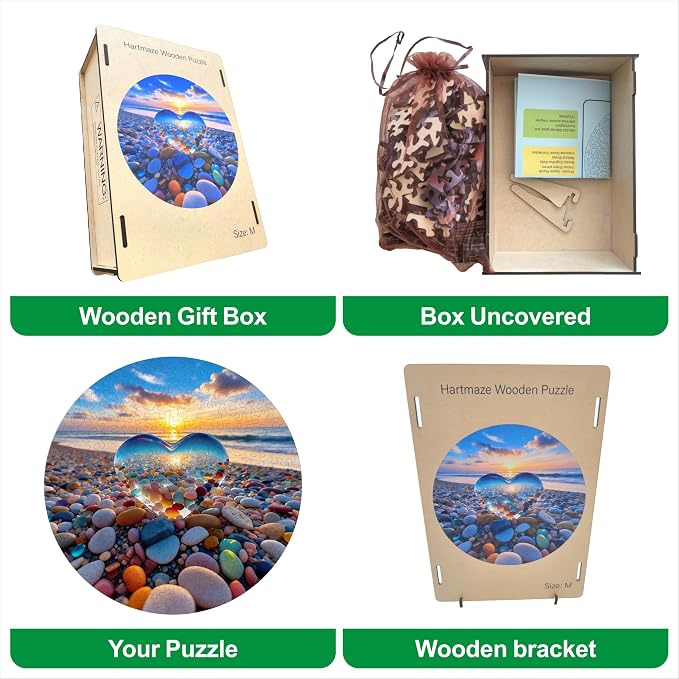 Hartmaze Sunset on Pebble Beach Wooden Puzzle, 178 Intricate Irregular Pieces, 11.2x11.2 Inch, Exquisite Wooden Gift Box – Stunning Coastal Art Jigsaw for Adults & Kids 8+