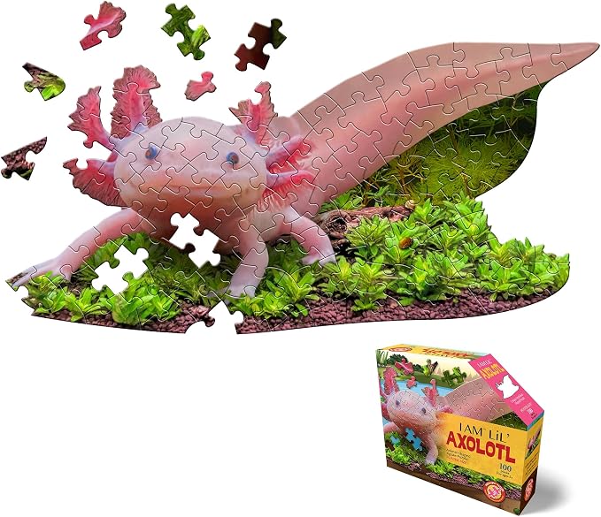Madd CAPP: I Am Lil' Axolotl - 100 Piece Puzzle - Kids Animal-Shaped Jigsaw, 36" X 18" Finished Size, Poster Reference, Educational Fun Facts Booklet