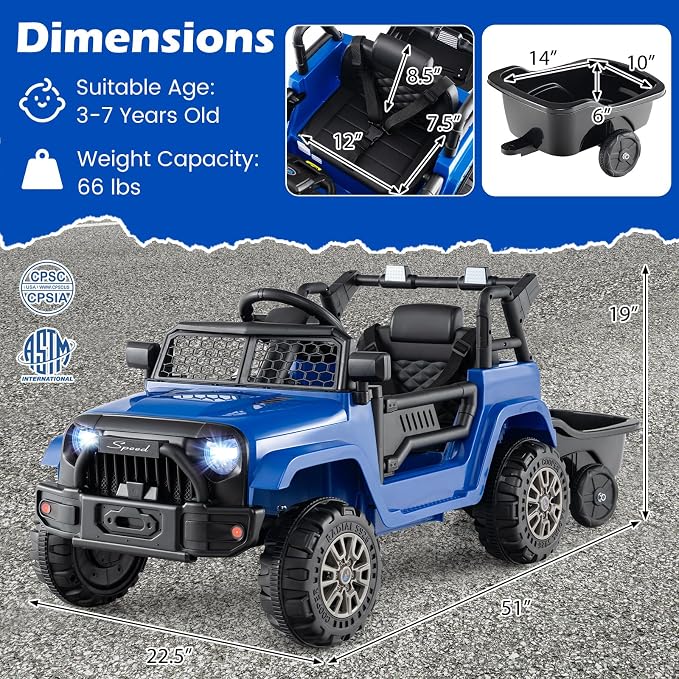 Costzon Ride on Car with Detachable Trailer, 12V Battery Powered Ride on Truck with Parent Remote Control, Light & Music, Electric Vehicle Kids Car Toy for Boys & Girls (Blue)