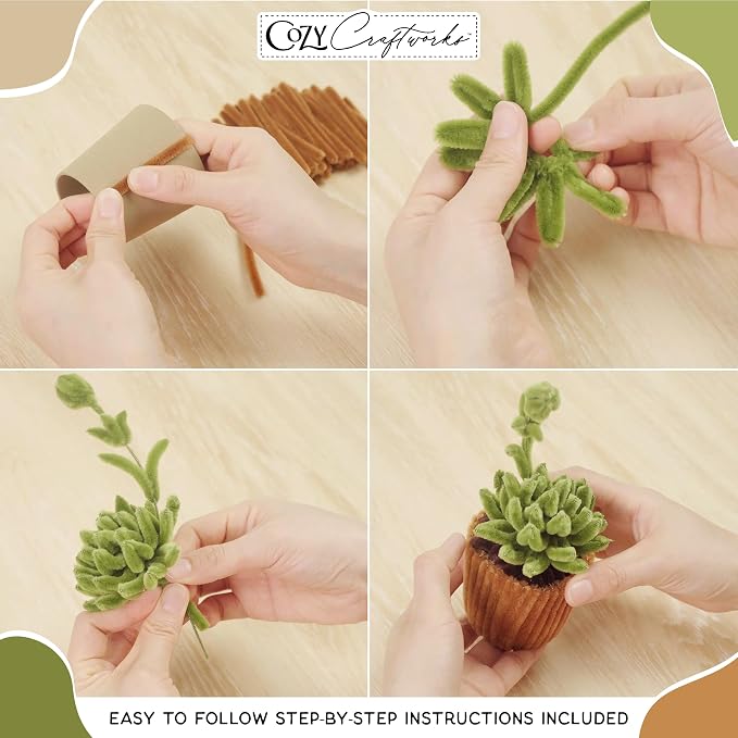 WeVeel Cozy Craftworks Chenille Stem Craft Kit for Adults – CC Small Plants Bundle – Relaxing DIY Arts & Crafts Kit with All Supplies
