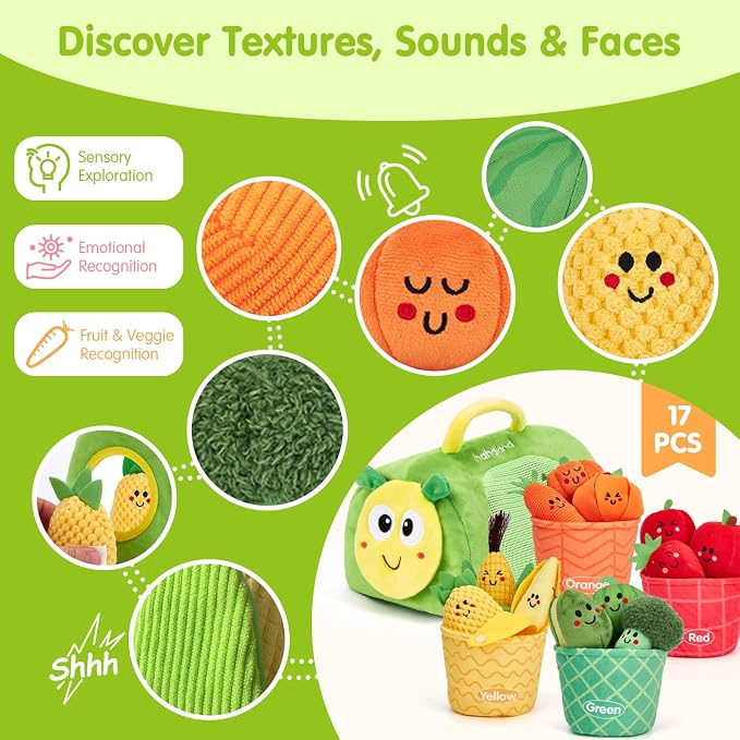 hahaland Montessori Toys for 1 Year Old - 17 PCS My First Fruit Vegetable Sensory Toys Color Sorting Plush Play Food with Caterpillar Storage Bag, 6 9 Month Old Baby Toys 6-12 Months One Year Old Gift