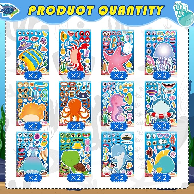 24 Sheets Ocean Stickers for Kids, Make Your Own Ocean Animals Stickers for Kids, Toddlers Classroom Art Crafts, Summer Birthday Party Favors