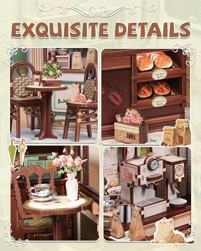 Cutefun Book Nook Kit - DIY Miniature Coffee Shop Dollhouse Kit for Adults and Teens, 3D Wooden Puzzle Bookshelf Insert Decor with LED Light, Gifts for Book Lovers and Beginners (Sunny Cafe)