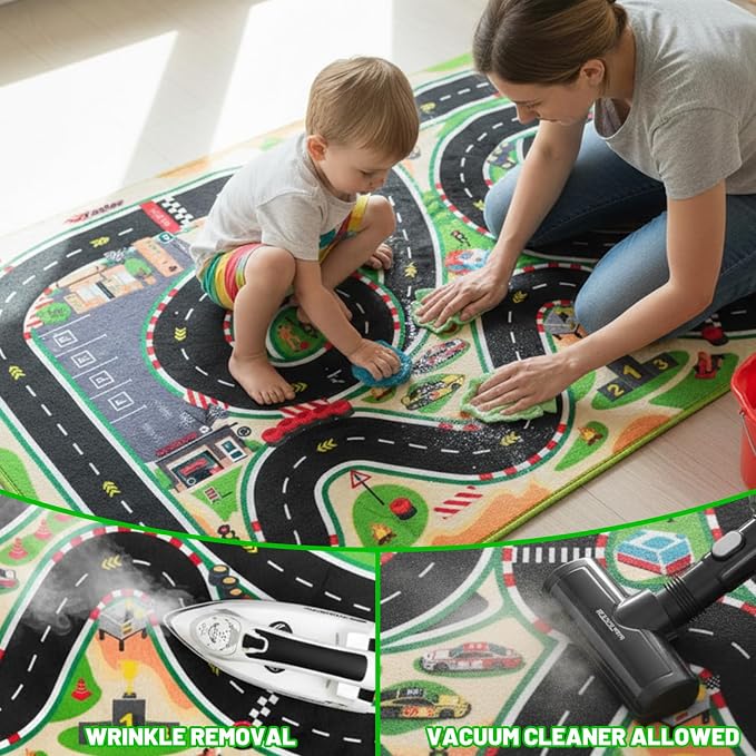 Kids Car Rug for Play Toy Cars, 4'11" x 3'3" Non-Slip Race Track Play mat Carpet Kid Road Rugs for Playroom Classroom Kids Room,Karting Road Racing Track Floor Mat Rug for Bedroom(for Age 2+,Green)