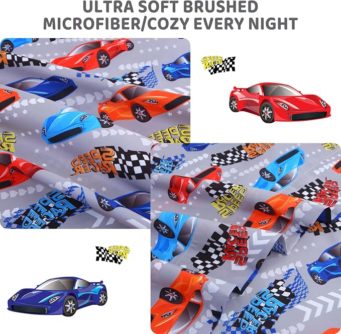 Viviland 3 Pieces Boys Race Twin Sheet Set - Soft Microfiber Fitted Flat Sheets & Pillowcase Bed Sheet Set - Grey Race Print Bedding Sets for Kids