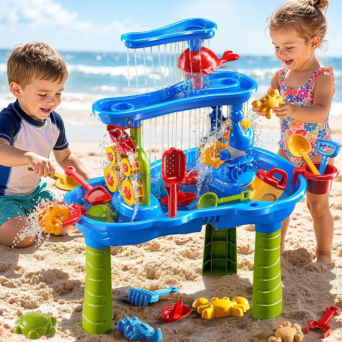 JUKUDAHU 3-Tier Water Table for Kids Ages 4-8 3-5, Sand and Water Table for Toddler with Beach Toys, Outdoor Toys Activity Sensory Play Table, Birthday Gifts for Toddlers 2 3 4 5 6 7 8 Boys Girls