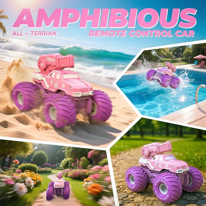 BEZGAR Amphibious Remote Control Car for Girls - Pink Monster Truck Toys 1:16 RC Boats 2.4GHz Waterproof Tank with Shooting Water Pistol, 4WD All-terrian Off-Road Pickup Outdoor, Girls Kids Gifts