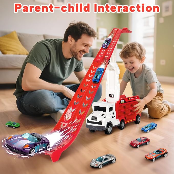 Bstoyder Kids Toys for 3 4 5 6 7 8 Years Old Boys, Carrier Truck Transport Car Toys, Foldable 2 Layer Car Race Track Playset with 25-in Race Track, 6 Metal Toy Cars, Birthday Toy Gift for Toddler-Red