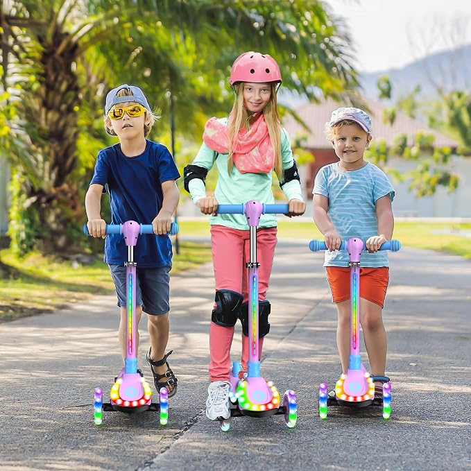 2-in-1 Adjustable Kick Scooter for Kids 3-5 (Suitable 3-12 Years),5-Level Handlebar & Removable Seat, LED Light-Up Wheels, Wide Deck, Foldable Design for Indoor/Outdoor Use - Girls & Boys