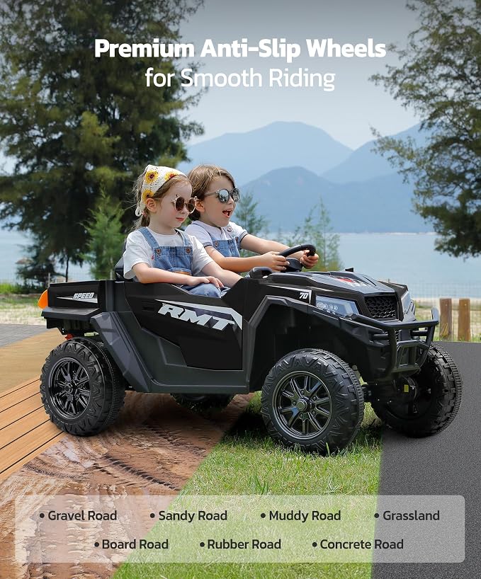 ELEMARA 24V Ride on Toy for Big Kids,Ride on Car 2 Seater w/Sun Shade,Dump Bed & Shovel,4.5MPH,4WD Electric Car for Kids,Battery Car w/Remote,Kids Ride on Truck,3 Speeds,LED Lights,Bluetooth, Black
