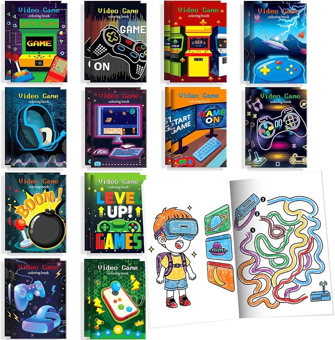 BenLouis 24 Pcs Video Game Mini Coloring Books Kids Gaming Party Favors Small Activity Books Bulk for Kids Boys Neon Game Level Up Goodie Bags Stuffers Return Gifts Classroom Travel