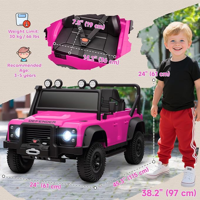 Qaba Land Rover 110SVX Licensed Electric Car for Kids, 12V Battery Powered Kids Ride On Car with Remote Control, Dual Motors, Spring Suspension, LED Lights, 3 Speeds Ride On Truck, Pink