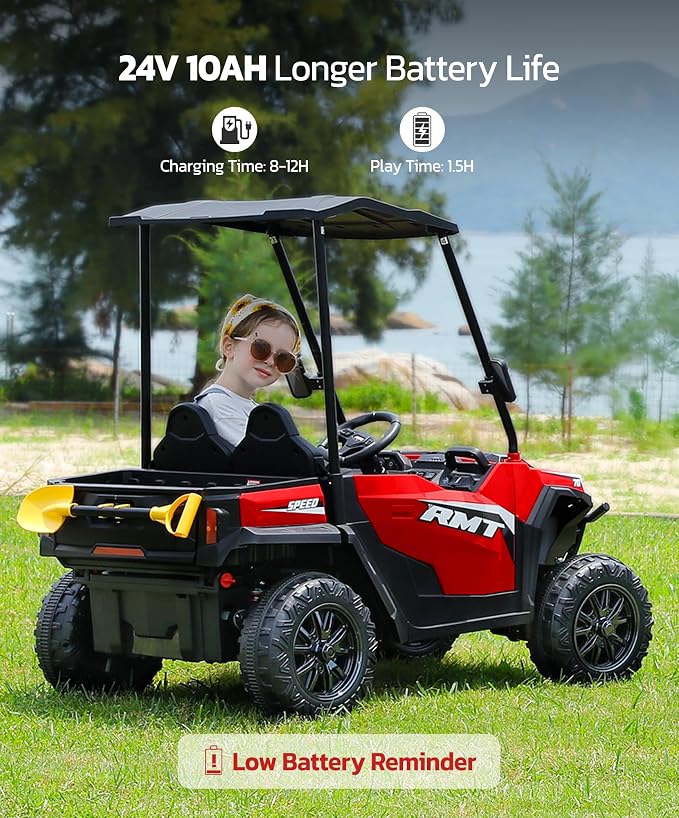 ELEMARA 24V Ride on Toy for Big Kid,Ride on Car 2 Seater w/Sun Shade,Dump Bed & Shovel,4.5MPH,4WD Electric Car for Kids,Battery Car w/Remote,Kids Ride on Truck,3 Speed,LED Lights,Bluetooth, Ruby