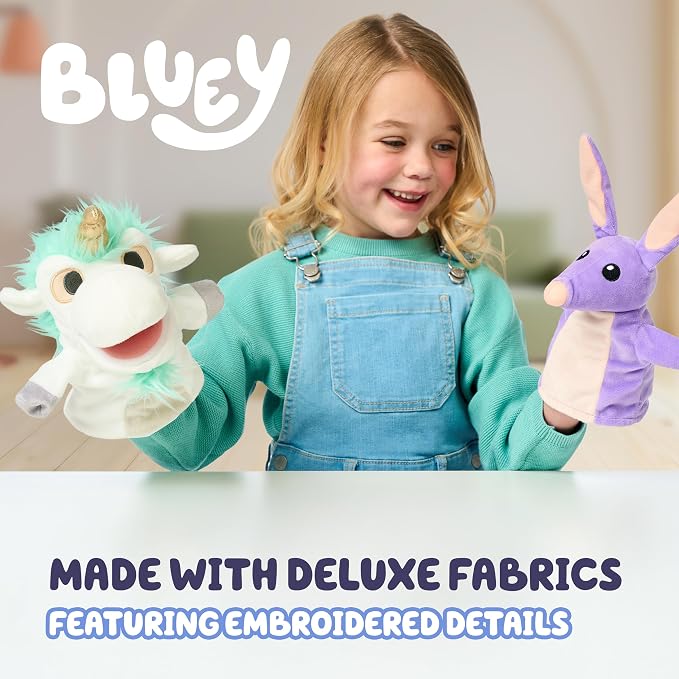 Bluey Unicorse & Bob Bilby Hand Puppets Plush 2-Pack – 8-9” Soft Deluxe Fabric, Embroidered Details, Perfect for Toddler Hands, Imaginative Play, Official Bluey Toys, Amazon Exclusive