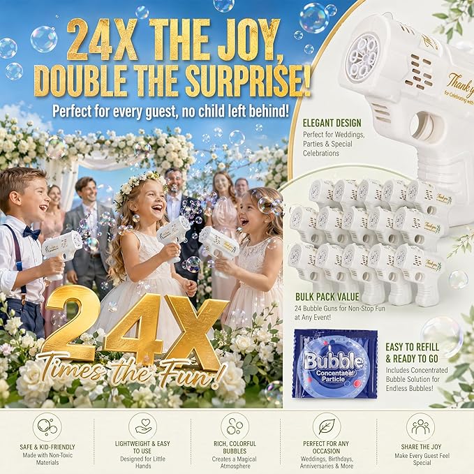 White Bubble Guns for Wedding, 24 Pack Wedding Bubble Gun Machine Party Set, Automatic Bubble Guns with Bubble Concentrate, Suitable for All Types of Parties and Events (Without Battery)