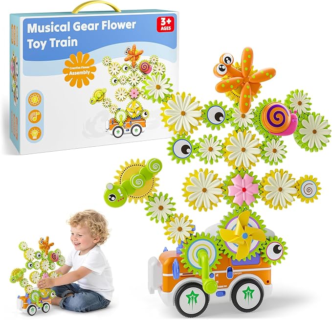 Gears Building Toys for Kids Ages 3+, STEM Construction Set for Toddlers, Train and Flower Models with Electric & Manual Modes, Lights and Music, DIY Educational Learning Toys Gift for Boys and Girls