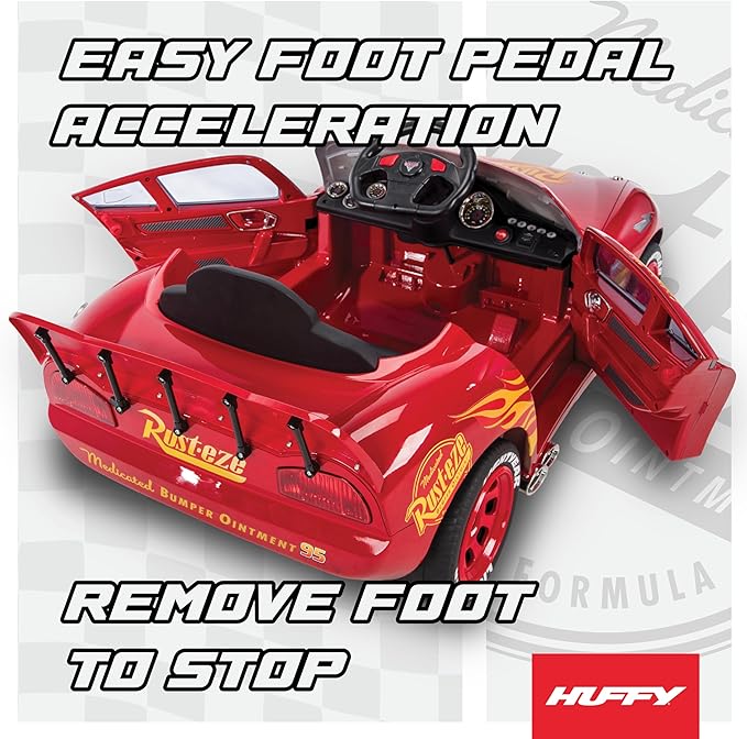 Huffy Cars Lightning McQueen 6V Ride-On Toy Car with Headlights & Engine Sounds, Foot Pedal Drive, Up to 2.5 MPH, Ages 3–7