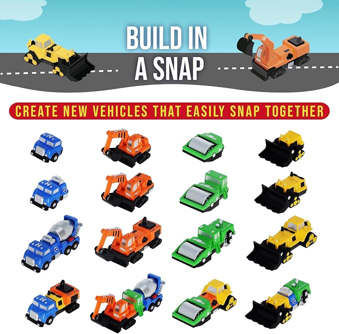 Popular Playthings Magnetic Vehicles for Toddlers 1-3, Mini Mix or Match Car Toys, Set of 7 Gift for Kids - Construction Trucks