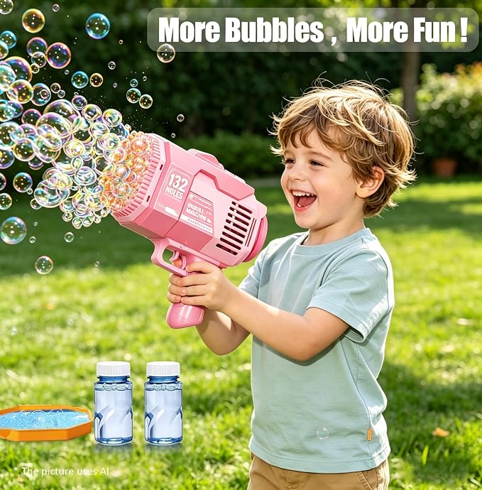 Upgraded 132 Holes Bubble Machine Gun,Bazooka Bubble Machine,Rocket Bubble Gun Bubble Machine,Summer Toys Bubble Blaster Maker for Kids, Wedding, Birthday Gift (Pink)