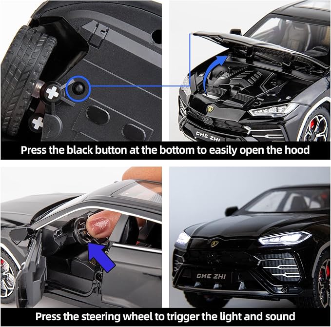 BDTCTK 1:24 Lambo Urus Car Model, Diecast Pull Back Car Toy car, Doors Open, Light and Sound, Boys Toys Kids Adults Gifts Black