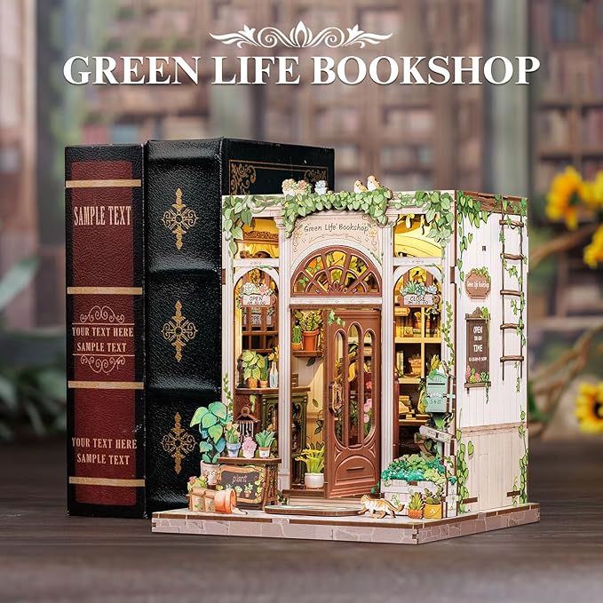 Fsolis Book Nook Kit, 3D Wooden Puzzles for Adults DIY Miniature House Mini Building Kit Booknook Bookstore Bookshelf Diorama Garden Kit Gift for Women Puzzle Lovers (Green Life's Bookshop)