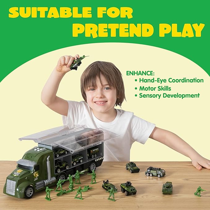JOYIN 25 in 1 Military Kids Truck Toys for Age 3+, Toddler Boy Toys, Army Men Tanks Set with Soldier Men, Mini Battle Cars in Carrier Truck with Lights and Sounds, Gifts for Grandkids