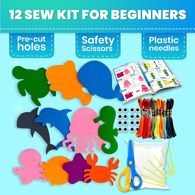 QUOKKA Kids Crafts Ages 4-8, DIY Beginner Needle and Thread Kit - 12 Sea Animals Sewing Kit Basic - Fun Arts Crafts for Kids Ages 6-8 Girls Boys - Plastic Needles, Scissors - 6+ Year Old Girl Gifts