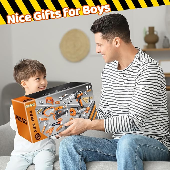 46 PCS Kids Tool Set with Portable Tool Box & Electronic Toy Drill, Toddler Tool Set, Christmas Birthday Gifts for Boys Ages 3 4 5 6, Construction Toys Tools for Kids