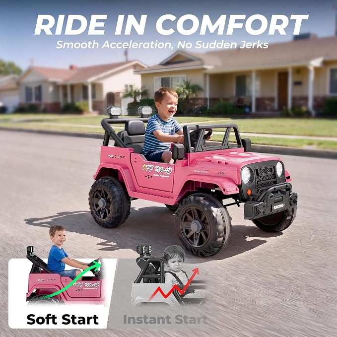 ARBELI 12V Ride On Truck Car with Remote Control, Kids Electric Vehicles with Bluetooth Music, Horn, 3 Speeds, 4 LED Lights, Soft Start, Ride on Toys for Toddler Boys & Girls, Pink