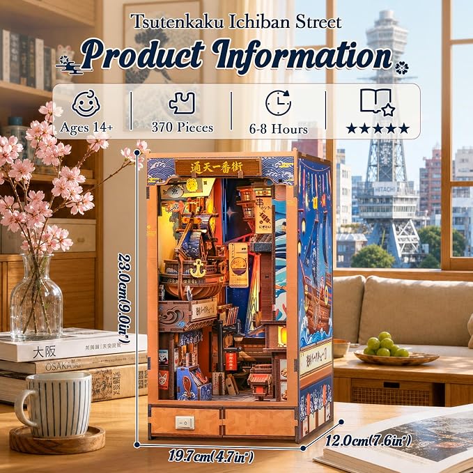 CUTEBEE Book Nook Kit - DIY Miniature House Japanese Street Diorama, Fold-Out Dollhouse Booknook for Adults, Tiny House Bookshelf Decor 3D Wooden Puzzle Gifts (Tsutenkaku Ichiban Street)