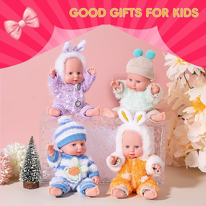 Vueos 4 Pcs 7 Inch Baby Doll Playset with 4 Adorable Clothes, Mini Reborn Baby Dolls Nursery Toys for Toddlers Girls Kids 3+