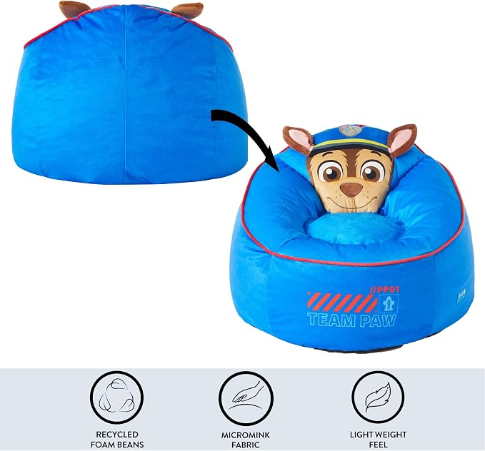 Idea Nuova Paw Patrol Chase Hillside by pod Plush Kids Bean Bag Chair, 24" Wx24 Dx17 H