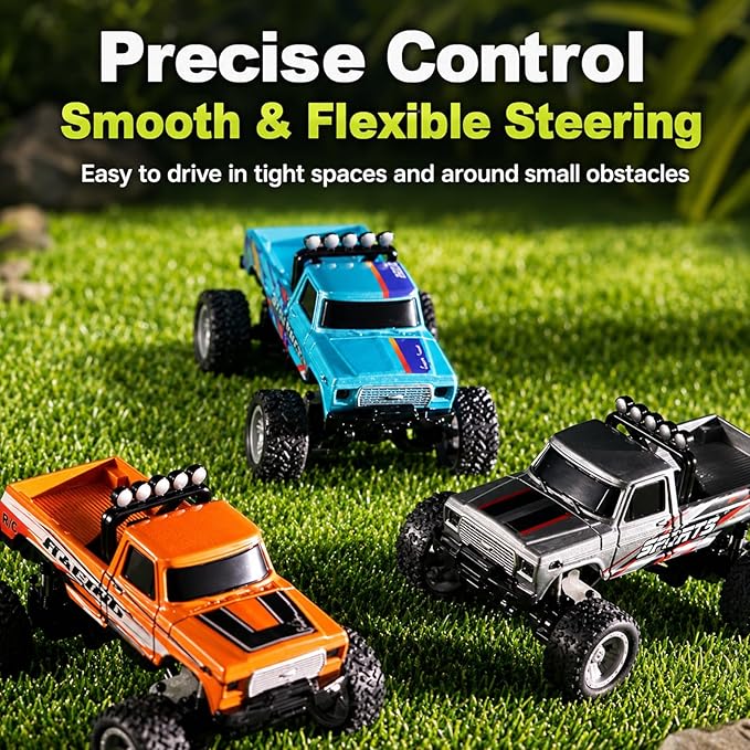 1:64 Scale Mini Remote Control Monster Truck with Trailer | 2.4GHz & App Dual Control, Alloy Mini RC Car with LED Lights, Portable Pocket Toy Car for Kids & Adults, Gift for Boys (Grey)