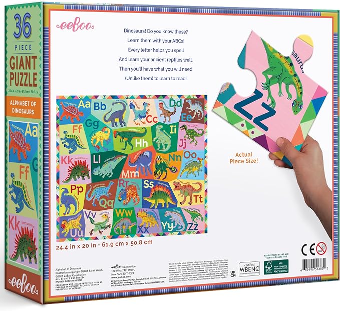 eeBoo 36 Piece Giant Floor Puzzle - Dinosaur Alphabet Children's Puzzle ABC & Dino Themed, Large Pieces for Small Hands to Develop Motor Skills