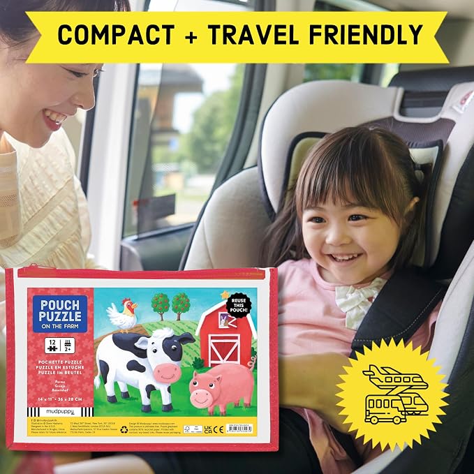 Mudpuppy On the Farm – 12 Piece Puzzle with Reusable Zipper Pouch Featuring Colorful and Fun Illustrations of Farmyard Animals Perfect for Easy Storage and Travel
