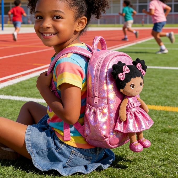 Lazada Toddler Backpack - Baby Girl Gifts Curly Fingerprints Plush Doll Dress Backpack - Fashion Girls Curly Rolled Fingerprints Series - Rose Red 11 Inches