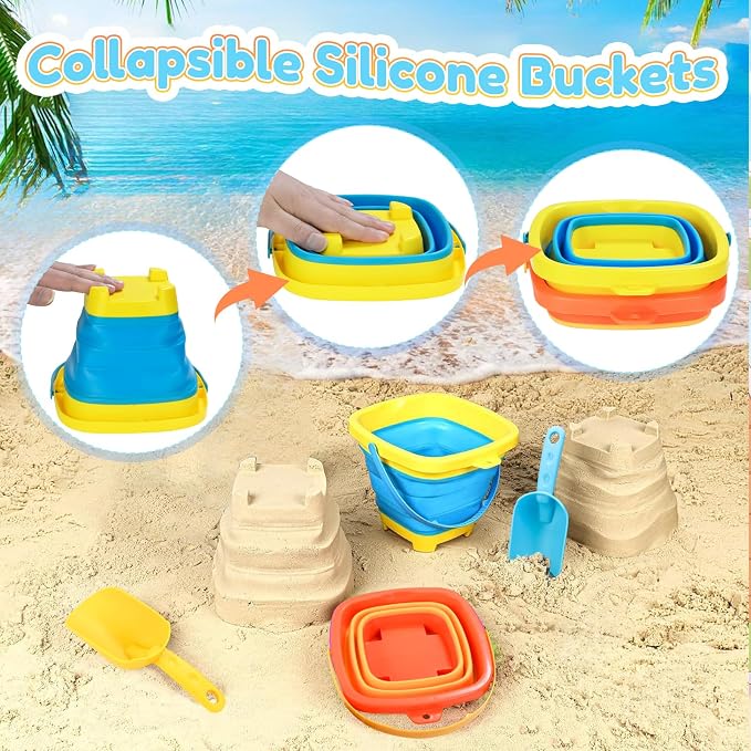 Beach Sand Toys Set for Kids, 2-Pack Collapsible Sand Buckets with 2 Metal Sifter & 2 Plastic Shovels & Mesh Bag | for Easter Egg Hunt Shell Collecting Castle Building Summer Travel