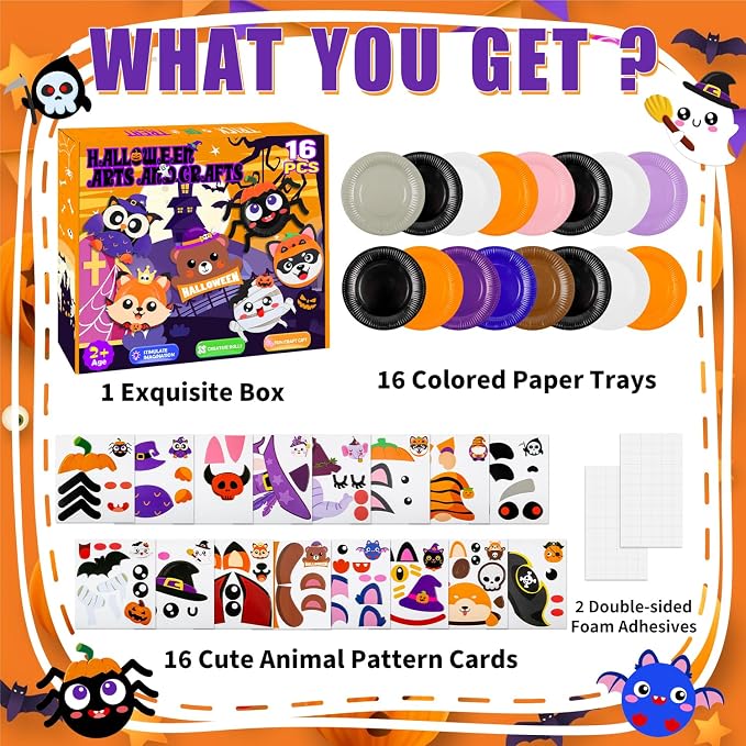 16 Pack Arts and Crafts for Kids, Toddler Crafts Animal Paper Plate Art Kit Gift for 3 4 5 6 Year Old Boys Girls DIY Kids for Birthday Party Favor Preschool Classroom Party Games (Halloween)