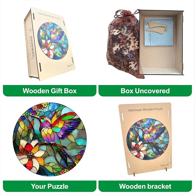 Hartmaze Stained Glass Hummingbird Wooden Puzzle, 178 Intricate Irregular Pieces, 11.2x11.2 Inch, Exquisite Wooden Gift Box – Vibrant Mosaic Art Jigsaw for Adults & Kids 8+